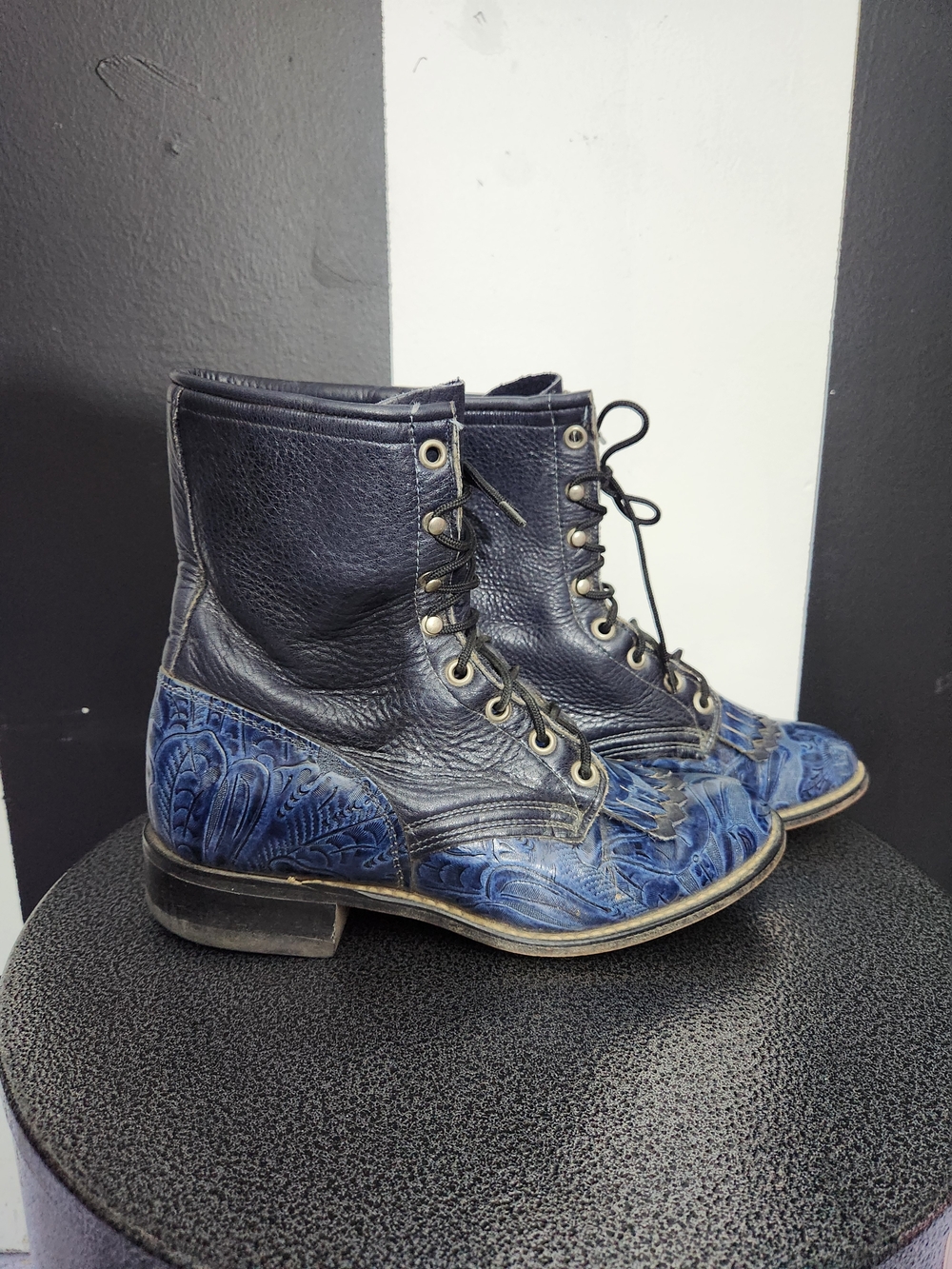 Laredo Navy Blue Embossed Lace-Up Leather Boots